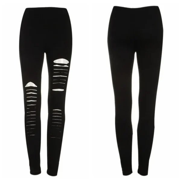 Black Punk Ripped Torn Slashed Cut Striped Leggings Pants Gothic Club Asymmetric Hole Elastic Skinny Pencil Pants For Women Girl – Image 6