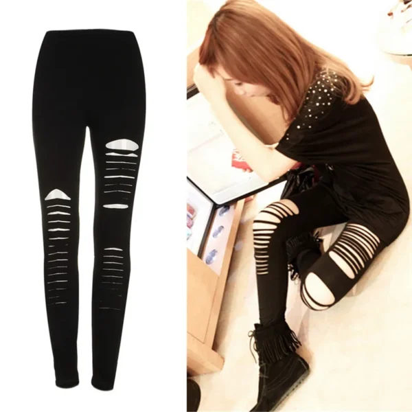 Black Punk Ripped Torn Slashed Cut Striped Leggings Pants Gothic Club Asymmetric Hole Elastic Skinny Pencil Pants For Women Girl – Image 3