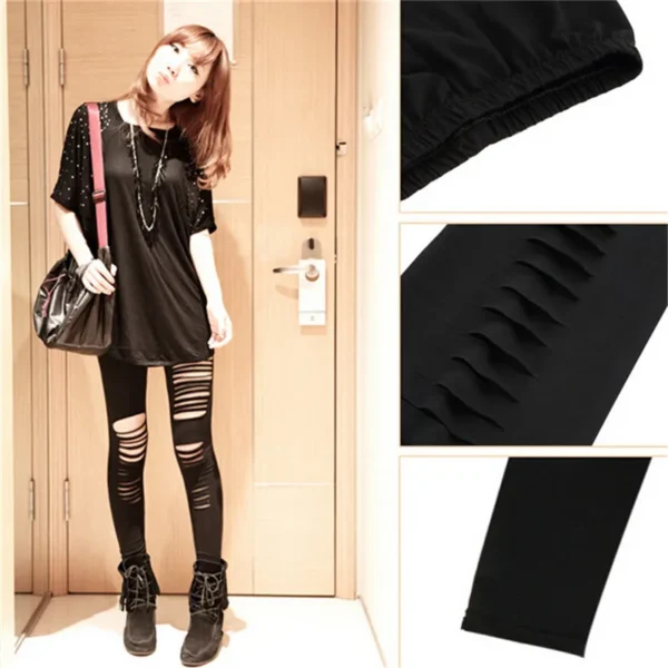 Black Punk Ripped Torn Slashed Cut Striped Leggings Pants Gothic Club Asymmetric Hole Elastic Skinny Pencil Pants For Women Girl – Image 2