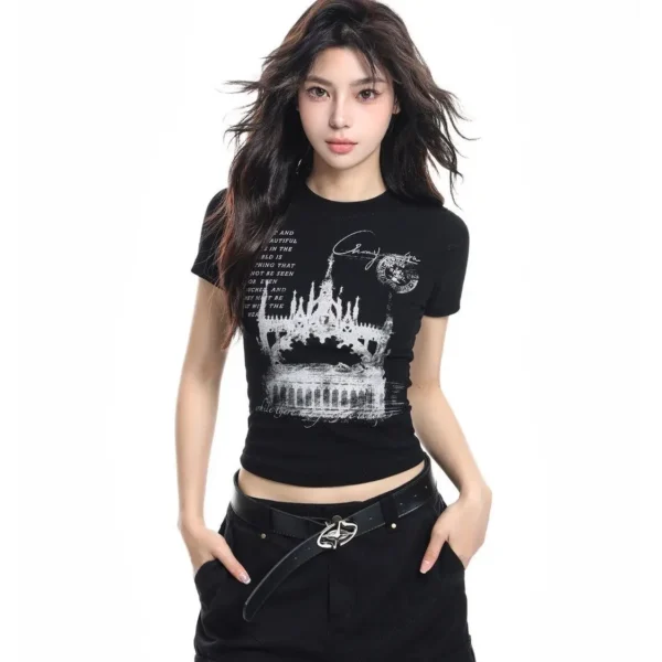 Gothic T-shirts Women Vintage Punk Y2k Crop Tops Punk Skull Black Hot Girl Tshirt Short Sleeve Fashion Street Tees Sxey Vintage