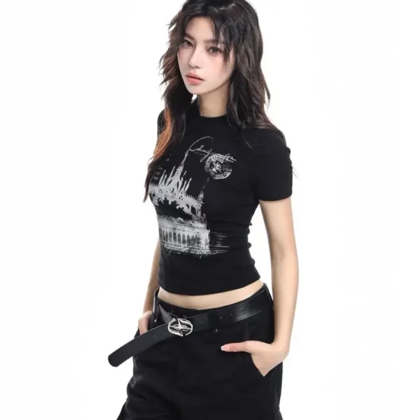 Gothic T-shirts Women Vintage Punk Y2k Crop Tops Punk Skull Black Hot Girl Tshirt Short Sleeve Fashion Street Tees Sxey Vintage – Image 4
