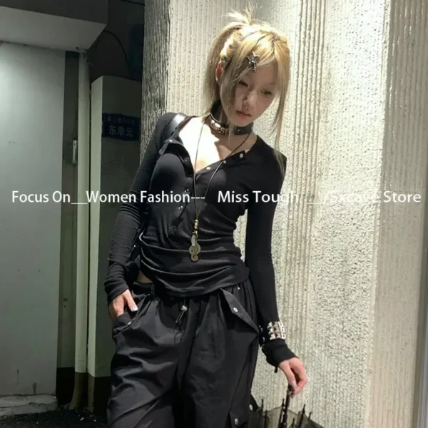 Harajuku Long Sleeve Tee Shirt American Vintage Subculture Y2k Button T-shirt Grunge Aesthetics Black Ribbed Tops Gothic Vintage – Image 6