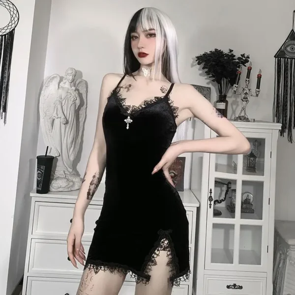 2024 woman dress Women's Clothing Dress Golden Velvet Lace Dress Cross Deep V-neck Strap Sexy Slimming Hip hugging Skirt Dresses – Image 3