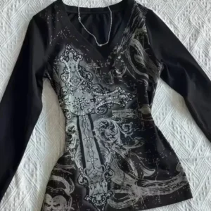 Vintage Clothes Women Print Sexy Punk Streetwear Slim Femme Tees Shirt Gothic Casual Grunge T Shirts 2000s Emo Y2k Crop Top