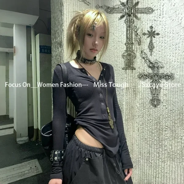 Harajuku Long Sleeve Tee Shirt American Vintage Subculture Y2k Button T-shirt Grunge Aesthetics Black Ribbed Tops Gothic Vintage – Image 3